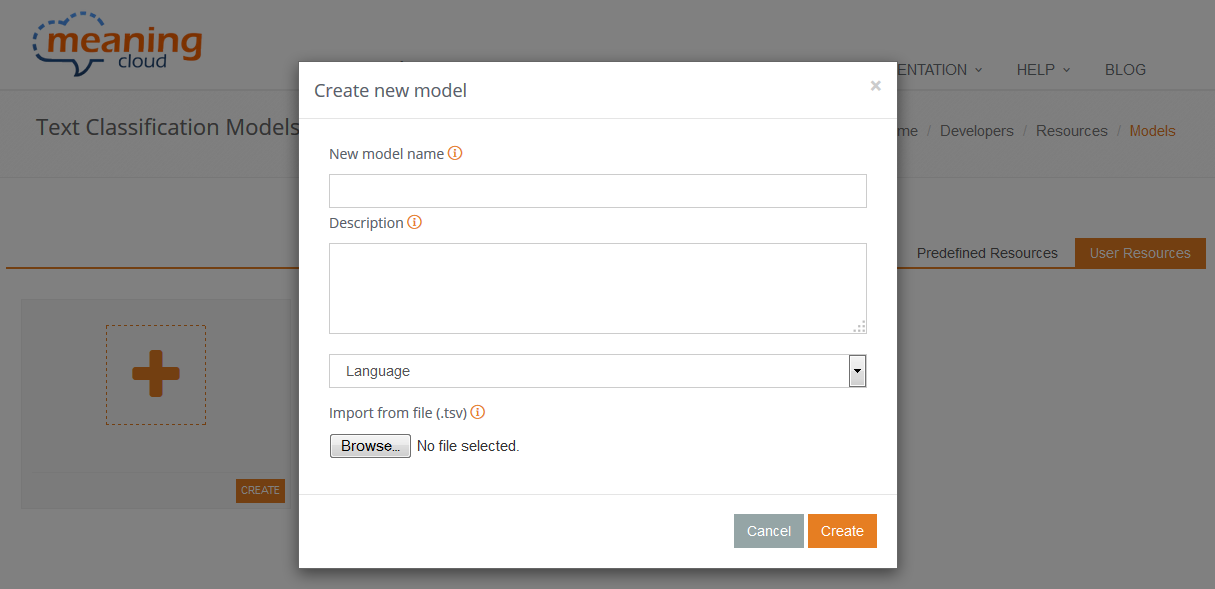 Create new model dialog